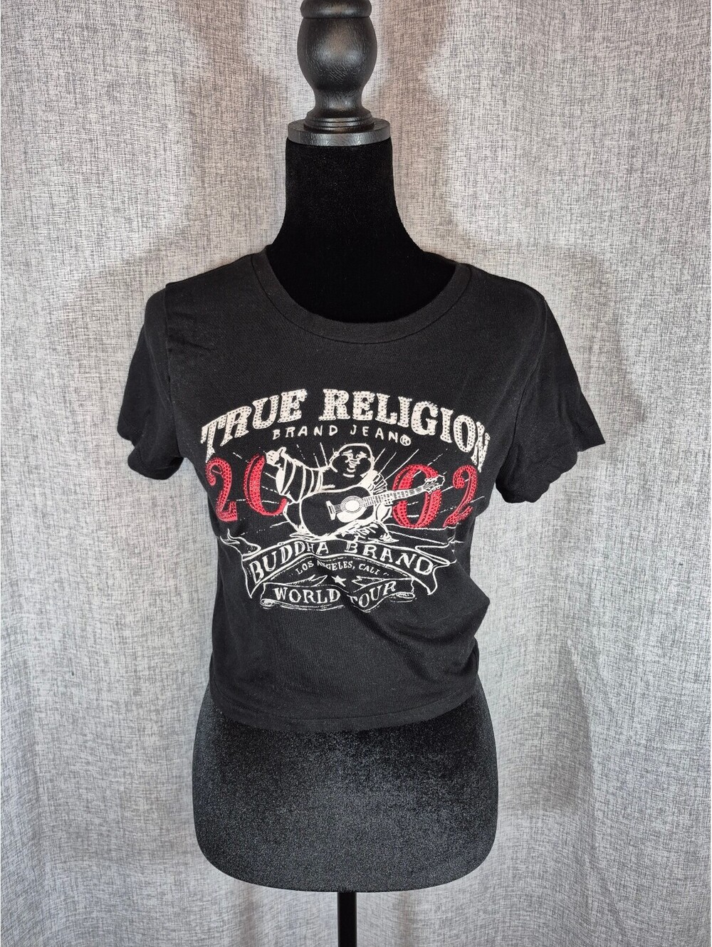 True Religion OG Crystal Buddha Baby Crew Tee Women’s Small Cropped Rhinestone - Picture 1 of 6